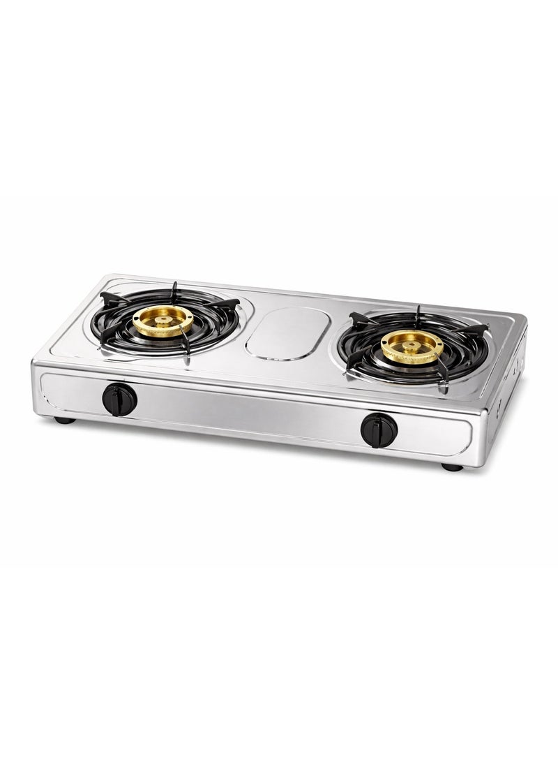 Flexy FGS2013SS - Double Burner Stainless Steel Gas Stove, Auto Ignition, Blue Flame, Heavy Cast Iron Burners, Low Gas Consumption, Japanese Piezo, Premium Quality, 2-Year Warranty - Image 1